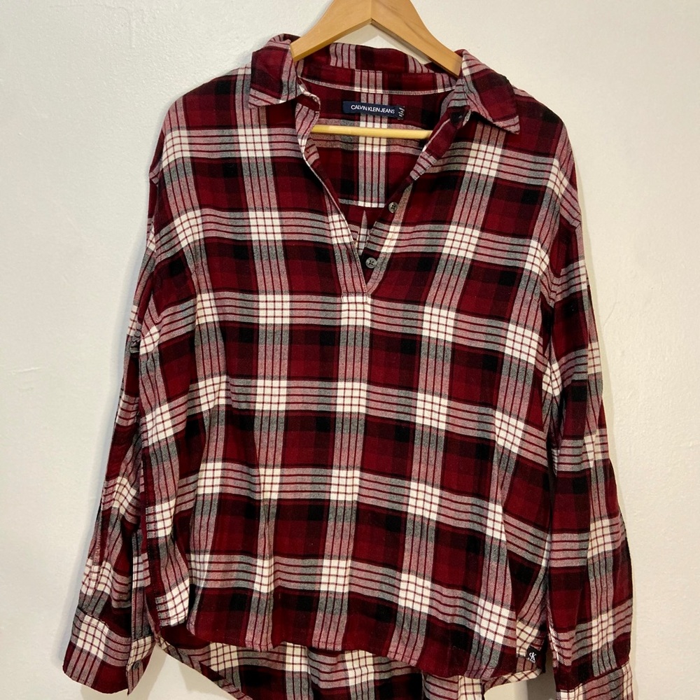Red, black, and white flannel; quarter button